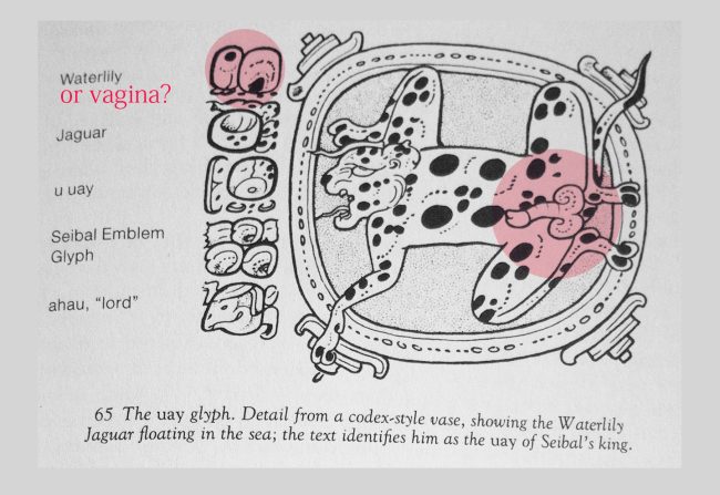 The "uay" glyph (which is a person's animal spirit while a person sleeps) shows the "Water Lily Jaguar" floating in the sea. The text identifies the jaguar as the "uay" of Seibal's king. Picture from Michael D. Coe’s Breaking the Maya Code (New York, Thames and Hudson, 1992), page 257.