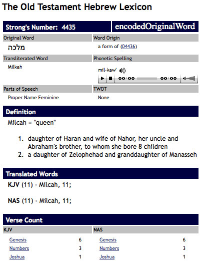 table showing old testament Hebrew for "milkah"