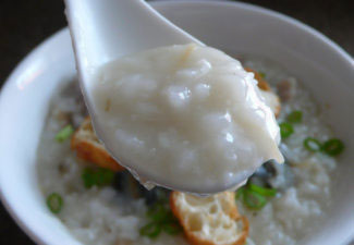 The Chinese character for ‘please’ combines the characters for ‘flesh’ and ‘explosion,’ another way to say ‘ejaculate.’ The character for rice includes the character for semen. In the image, semen is suggested by a spoonful of rice pudding.